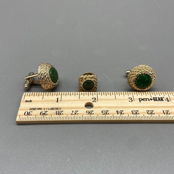 Vintage Dante Cufflinks Tie Pin Set Genuine Jade / Gold Tone Round Bullet Back - Picture 6 of 6